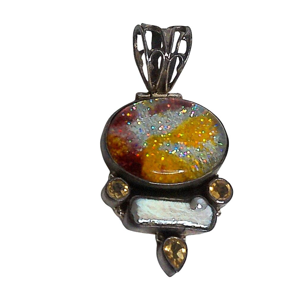 Vintage 925 Sterling Silver Multi Color Dichroic Glass Citrine Pendant - Picture 6 of 6